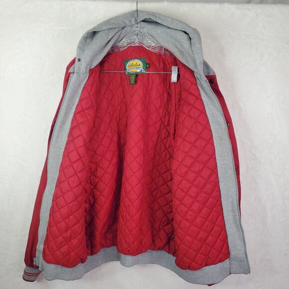 Vtg 90s Cabela's Men Sz XL Red/Gray Full Zip/Snaps Hooded Varsity Bomber Jacket - Picture 12 of 15